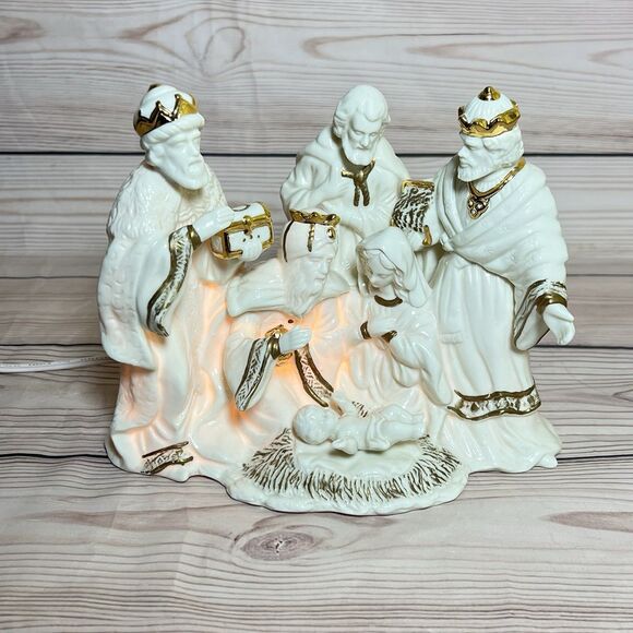 VTG Enesco Porcelain Nativity Scene Light Lamp White/Gold Christmas Holy Family - Picture 6 of 12
